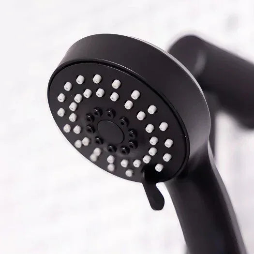 Modern matte black shower head with round spray nozzles, luxury bathroom fixture
