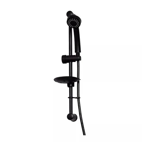 Black rail shower kit with handheld head and shelf, modern bathroom accessory from Tiles and Taps