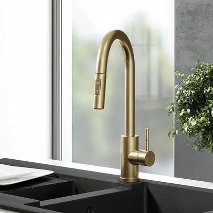 Professional Brushed Brass Pull-Out Kitchen Mixer – Solid Stainless Steel