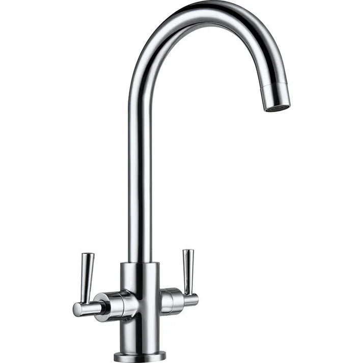Chrome kitchen mixer tap with dual handles, modern luxury design from Tiles and Taps collection