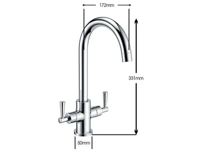 Chrome twin lever kitchen sink mixer tap with measurements, luxury tap from Tiles and Taps