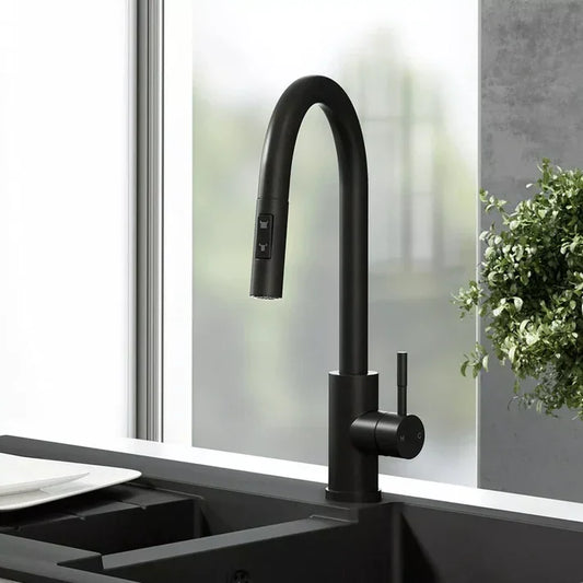 Modern matt black kitchen mixer tap with pull-out spout at a stylish sink area