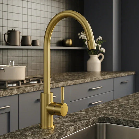 Tivoli Brushed Brass Kitchen Mixer Tap | Single Lever, WRAS Approved