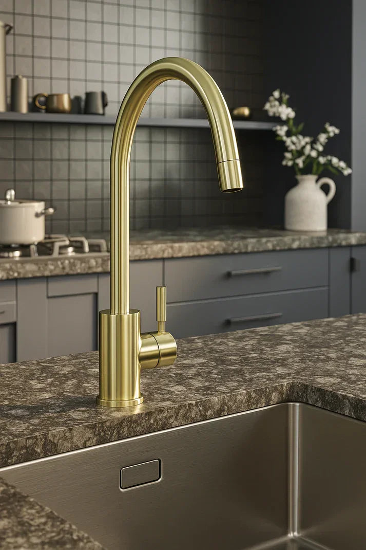 Tivoli Brushed Brass Kitchen Mixer Tap | Single Lever, WRAS Approved