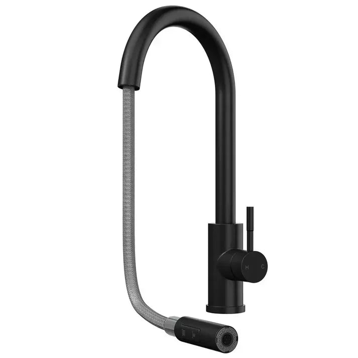 Matte black pull-out kitchen tap faucet with modern curved design, luxury hardware Ireland
