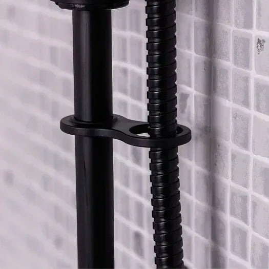 Matte black shower rail kit and hose against modern white mosaic tile wall