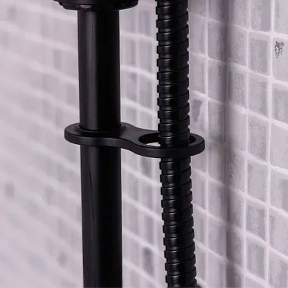 Matte black shower rail kit and hose against modern white mosaic tile wall