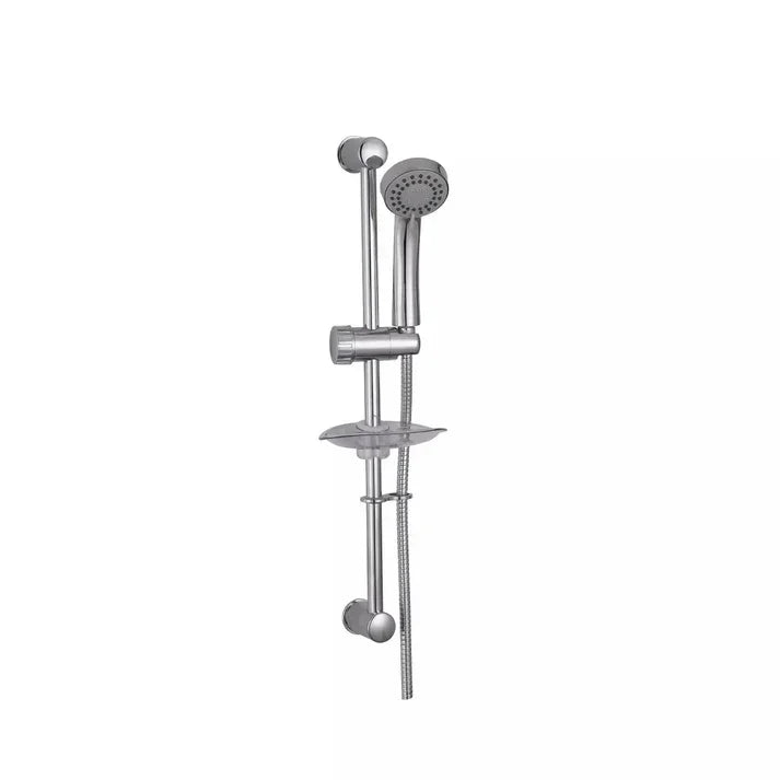 Modern chrome shower rail set with adjustable handheld head and soap tray, luxury bathroom tapware