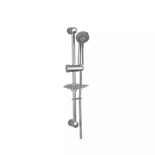 Modern chrome shower rail set with adjustable handheld head and soap tray, luxury bathroom tapware