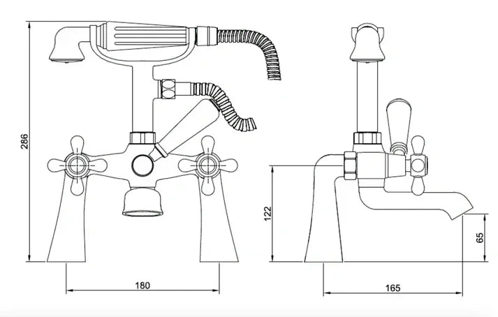 Tudor bath mixer tap with filler, hose, and handset combination technical drawing with measurements