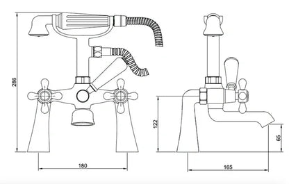 Tudor bath mixer tap with filler, hose, and handset combination technical drawing with measurements