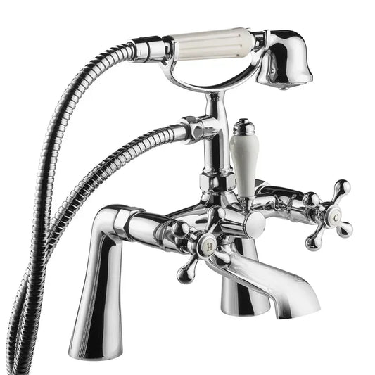 Traditional Victorian chrome bath shower mixer tap with white ceramic handles, Tiles and Taps