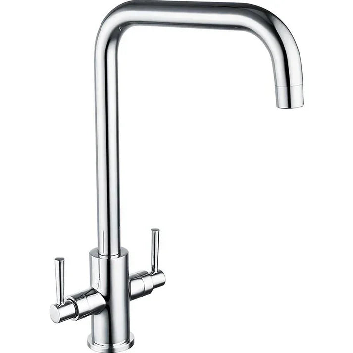 Modern chrome mono kitchen sink mixer tap with dual handles, luxury brassware by Tiles and Taps