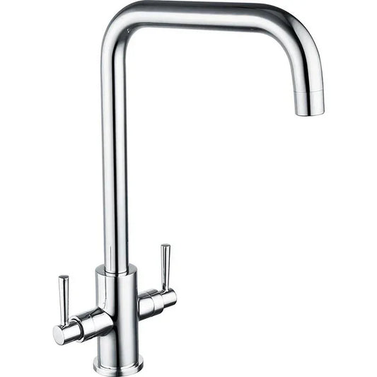 Modern chrome mono kitchen sink mixer tap with dual handles, luxury brassware by Tiles and Taps