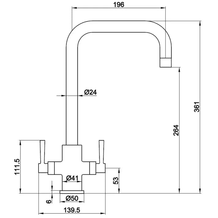 Technical drawing of Walton Deva Mono kitchen sink mixer tap with measurements, luxury tap design