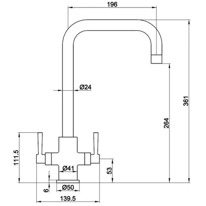 Technical drawing of Walton Deva Mono kitchen sink mixer tap with measurements, luxury tap design