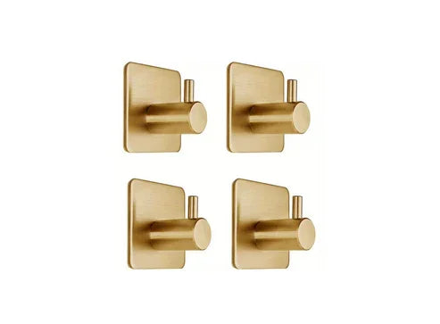 4-Piece Brushed Brass Heavy-Duty Adhesive Wall Hooks – Premium Gold Finish