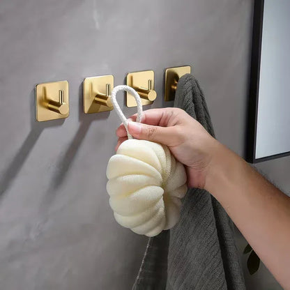 4-Piece Brushed Brass Heavy-Duty Adhesive Wall Hooks – Premium Gold Finish