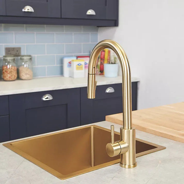 Professional Brushed Brass Pull-Out Kitchen Mixer – Solid Stainless Steel