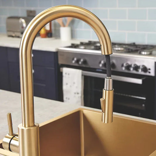 Professional Brushed Brass Pull-Out Kitchen Mixer – Solid Stainless Steel