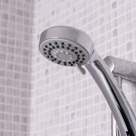 Modern chrome shower head with mosaic tile wall, luxury bathroom fittings from Tiles and Taps
