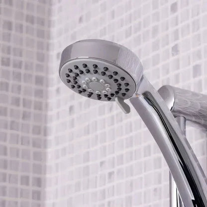 Modern chrome shower head with mosaic tile wall, luxury bathroom fittings from Tiles and Taps