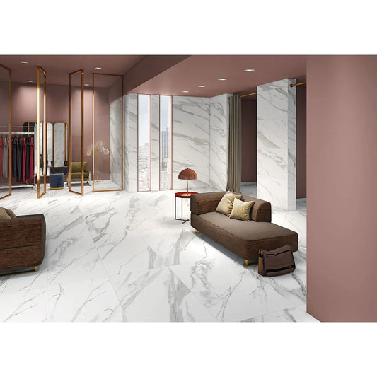 Luxury marble-effect tiles in modern lounge with brown sofa and rose gold partitions