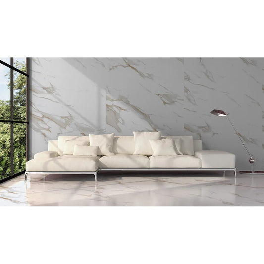 Modern living room with statuario marble effect tiles, cream sofa, and floor lamp