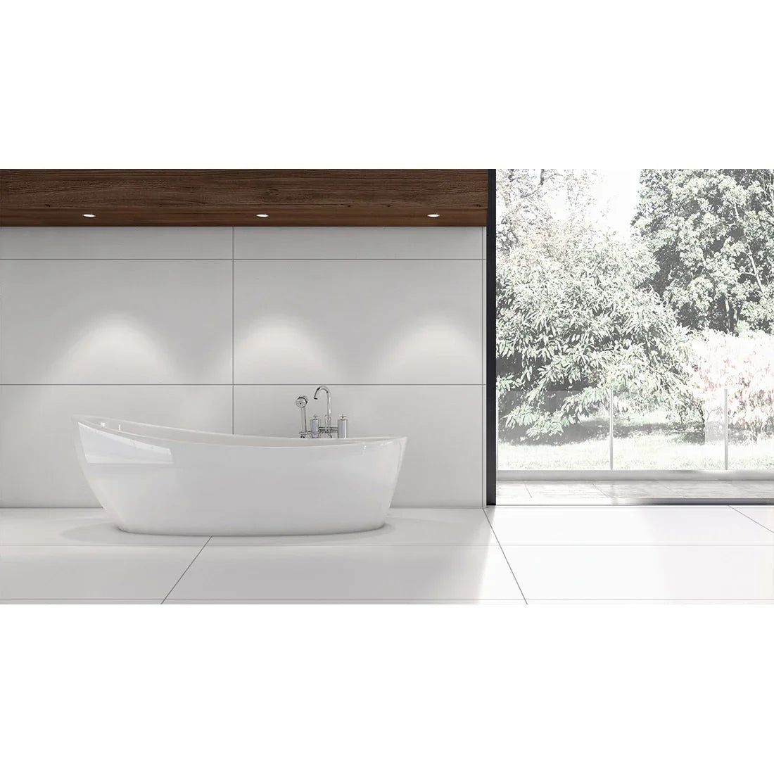 Modern bathroom with large white tiles, freestanding tub, wood accent, and garden view